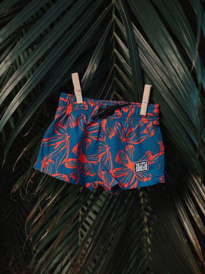 The Little Surfer Dude - Wholesale Swim Shorts - Kids - Dark Blue + Red Flower Swim Trunks