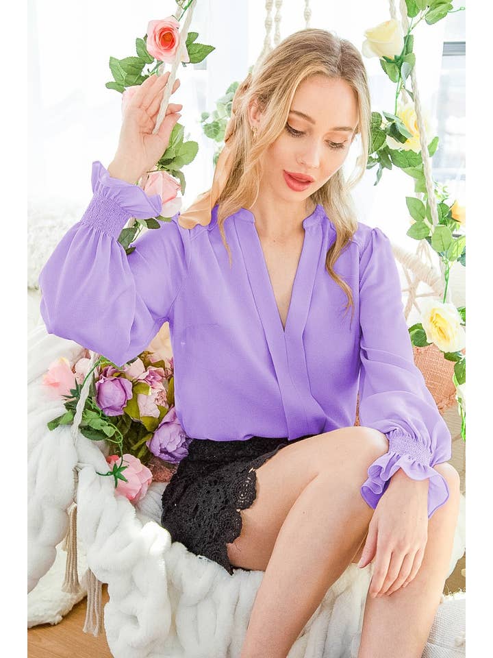 Vine & Love - Vente Chemisier – femme - Blouse smockée à encolure Henley et manches ballon VT31377D2