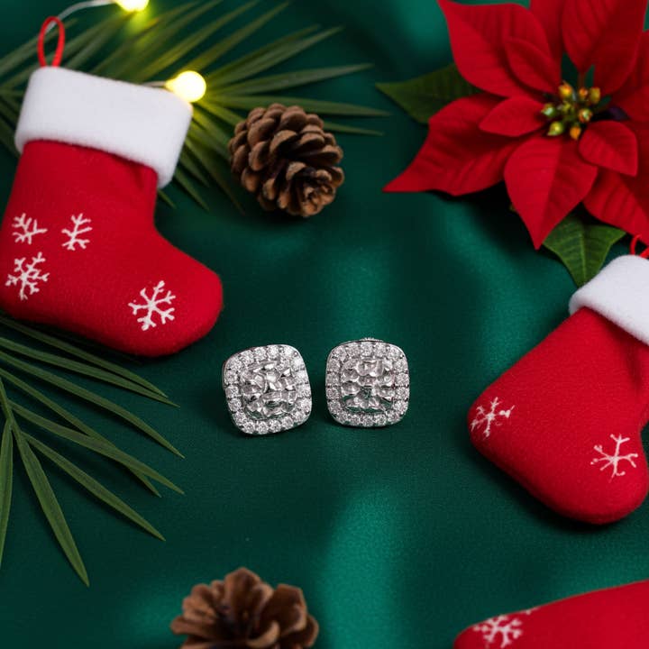 King of Bling's 1.00ct Moissanite White 925 Silver Womens Round Edge Square Shape Nugget Earring for wholesale by KING OF BLINGS