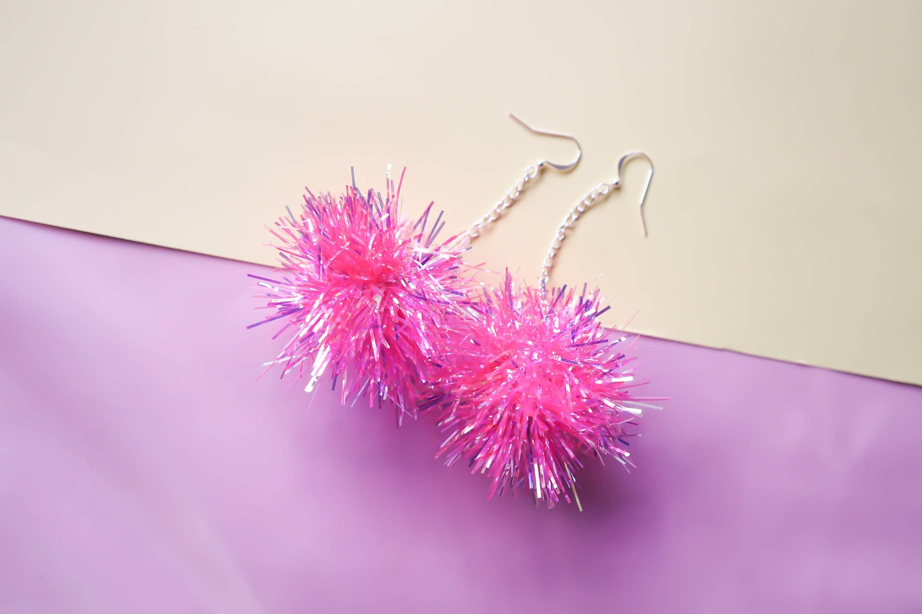 Fat Pom Poms - Wholesale Dangle Earrings - Mini Tinsel Earrings - Choice of colours5