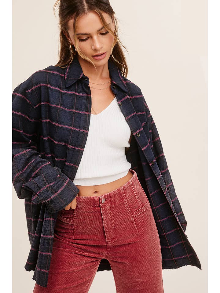 La Miel - Wholesale Buttoned-down shirt – Women's - SRT1329-Loose Fit Button Down Two-Tone Washed Plaid Shirts19