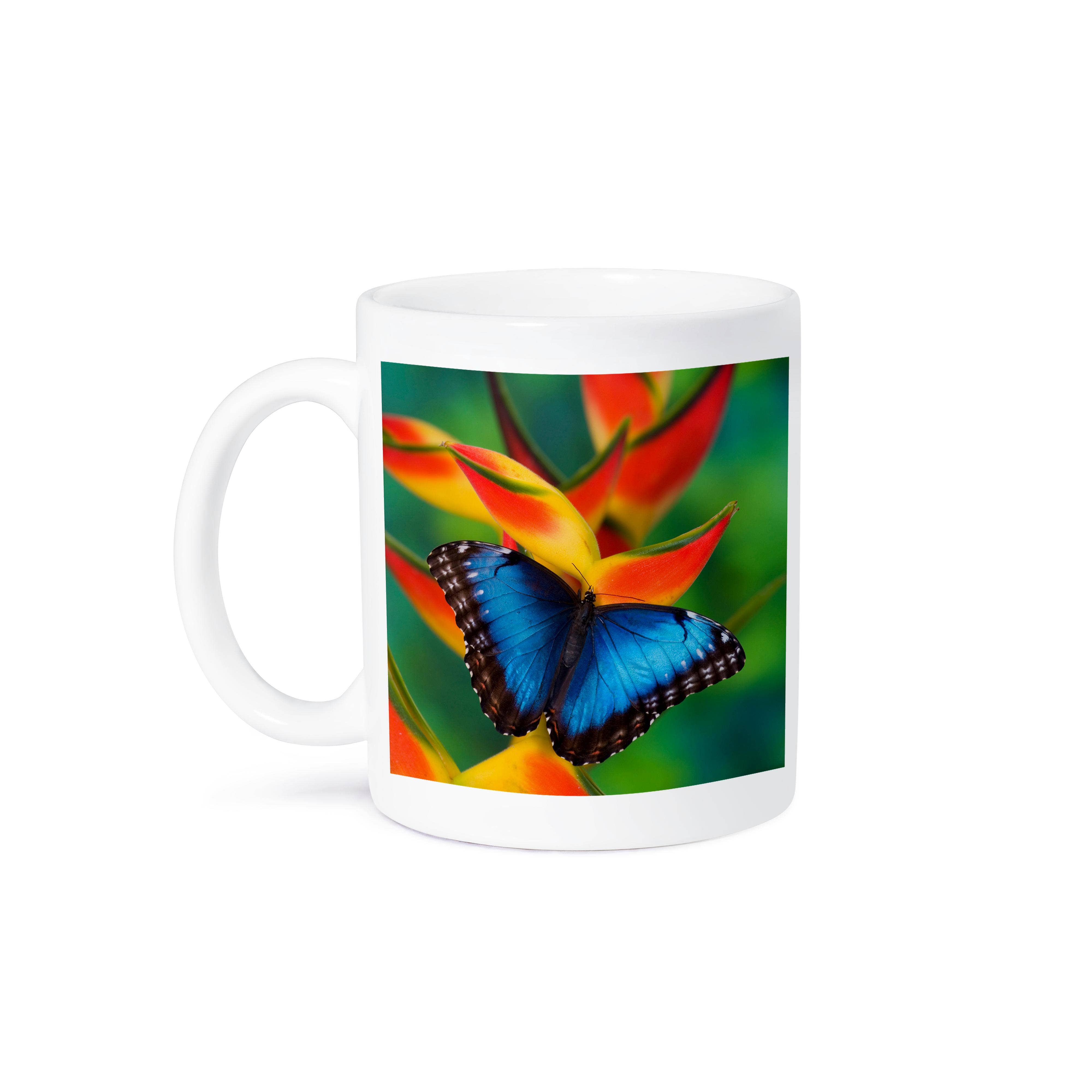3dRose - Wholesale Coffee Mug - 3dRose, Blue Morpho Butterfly sitting on tropical Heliconia flowers, Mug8