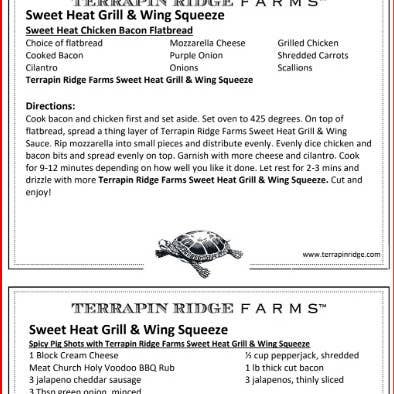 Recipe Card Sweet Heat Grill & Wing Squeeze for wholesale by Terrapin Ridge Farms