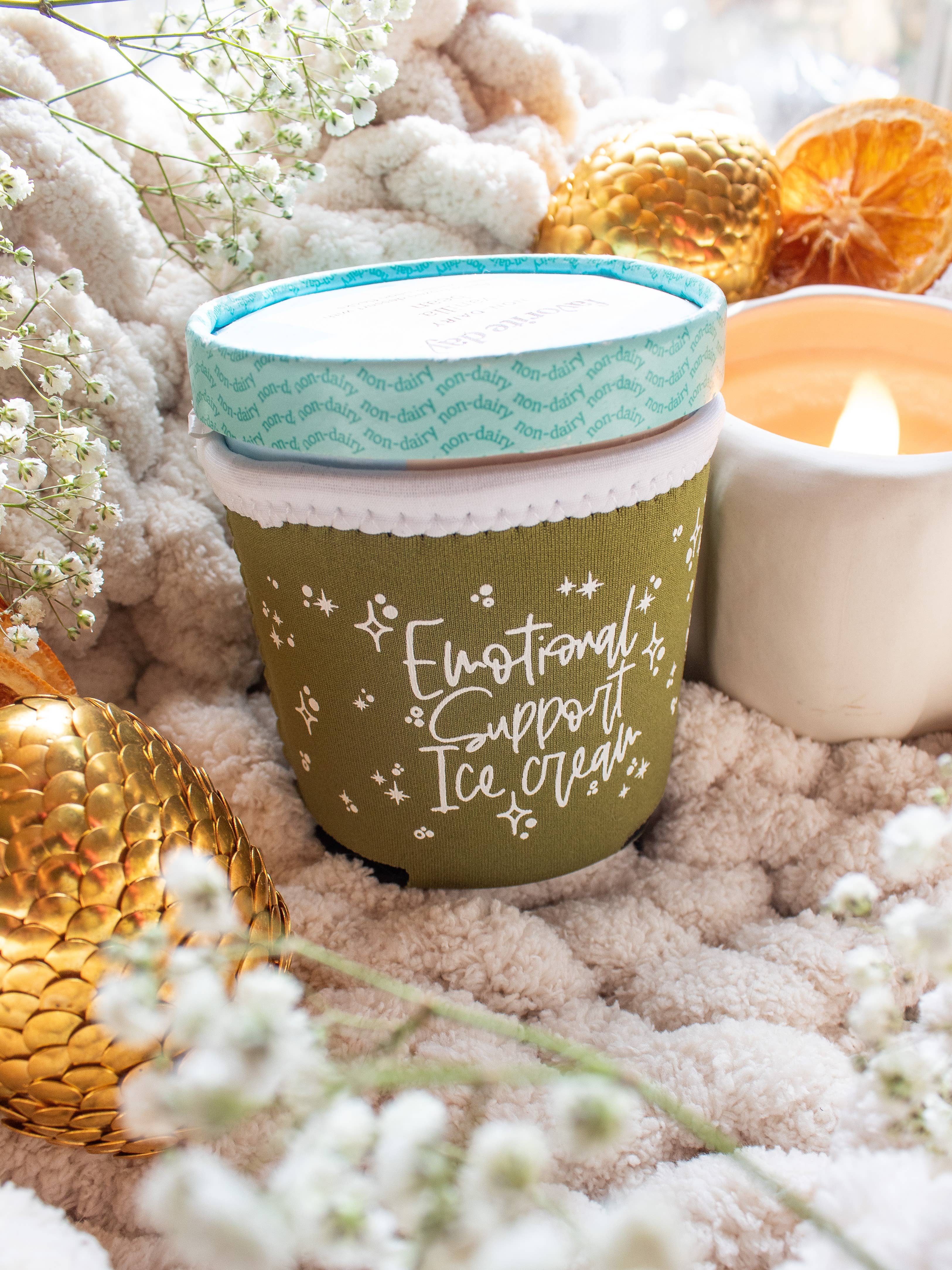 Meaggie Moos - Wholesale Drink Huggers & Koozies - Ice Cream Pint Sleeve | Emotional Support Ice Cream | Green2