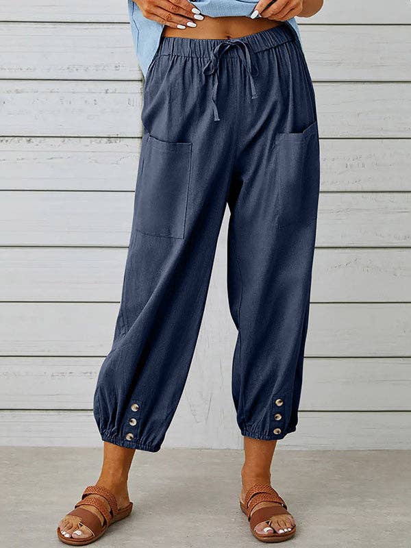 Plush Looks - Wholesale Pants - Women's - High Waisted Loose Buttoned Drawstring Elasticity Pockets Split-Joint Ninth Pants Trousers2