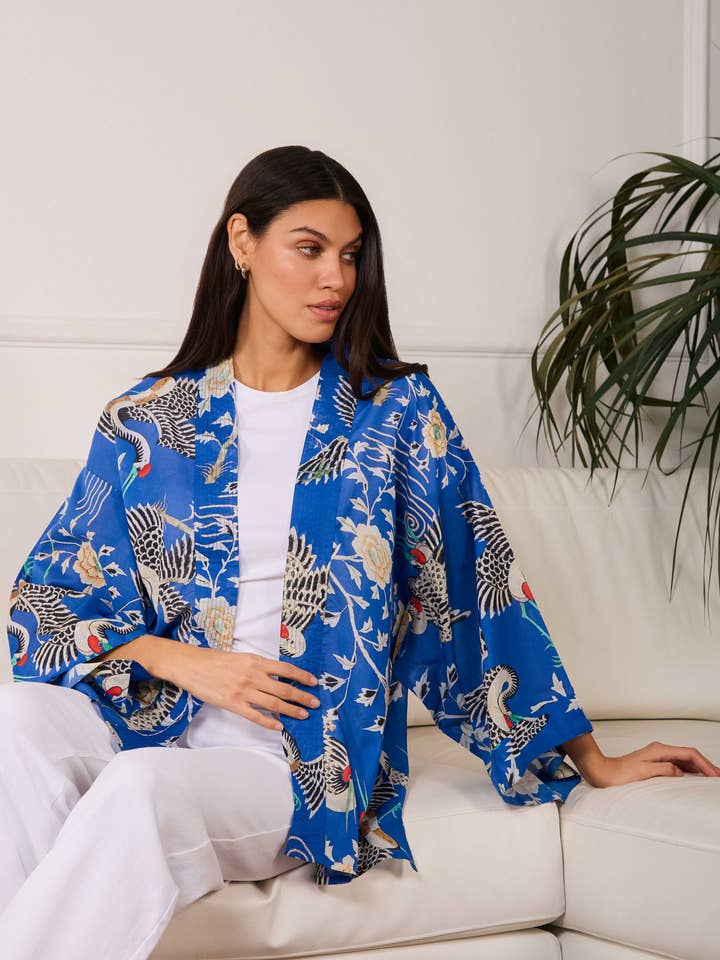Electric Blue Dynastic Bird Print Light Weight Kimono for wholesale by Artemis Muse