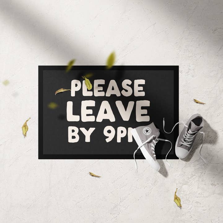 White Please Leave By 9pm | Cream and Charcoal | Indoor Door Mat for wholesale on Faire1