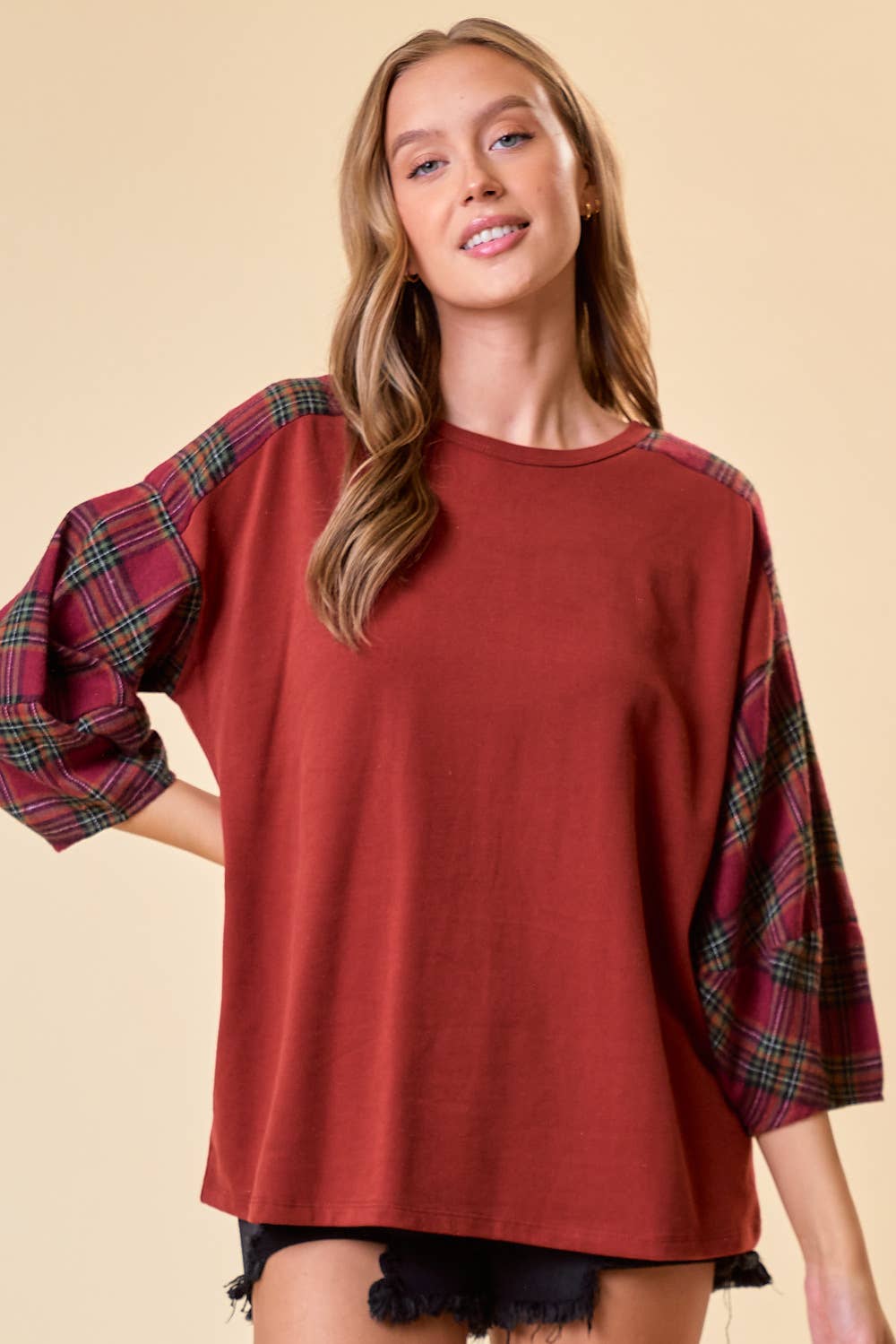 Doe and Rae – wholesale Tunic – Women’s – EXAGGERATED SLEEVE PLAID CONTRAST TOP - 43682T1