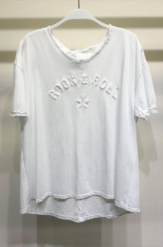 VENTI6 - Wholesale T-Shirt - Women's - EMBOSSED FRINGE NECKLINE SHORT SLEEVE TOP (Z760B-ROCK&ROLL)0