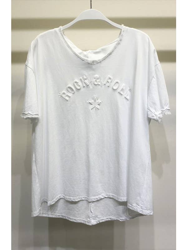 VENTI6 - Wholesale T-Shirt - Women's - EMBOSSED FRINGE NECKLINE SHORT SLEEVE TOP (Z760B-ROCK&ROLL)