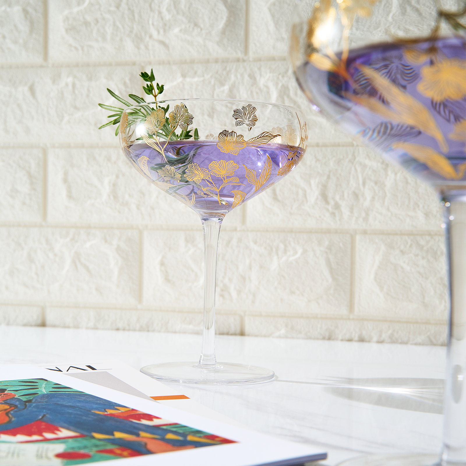 The Wine Savant /  Khen Glassware - Wholesale Cocktail/Liquor Glass - Khen Vintage Gold Floral Decal Champagne Coupe Set of 2 13oz3