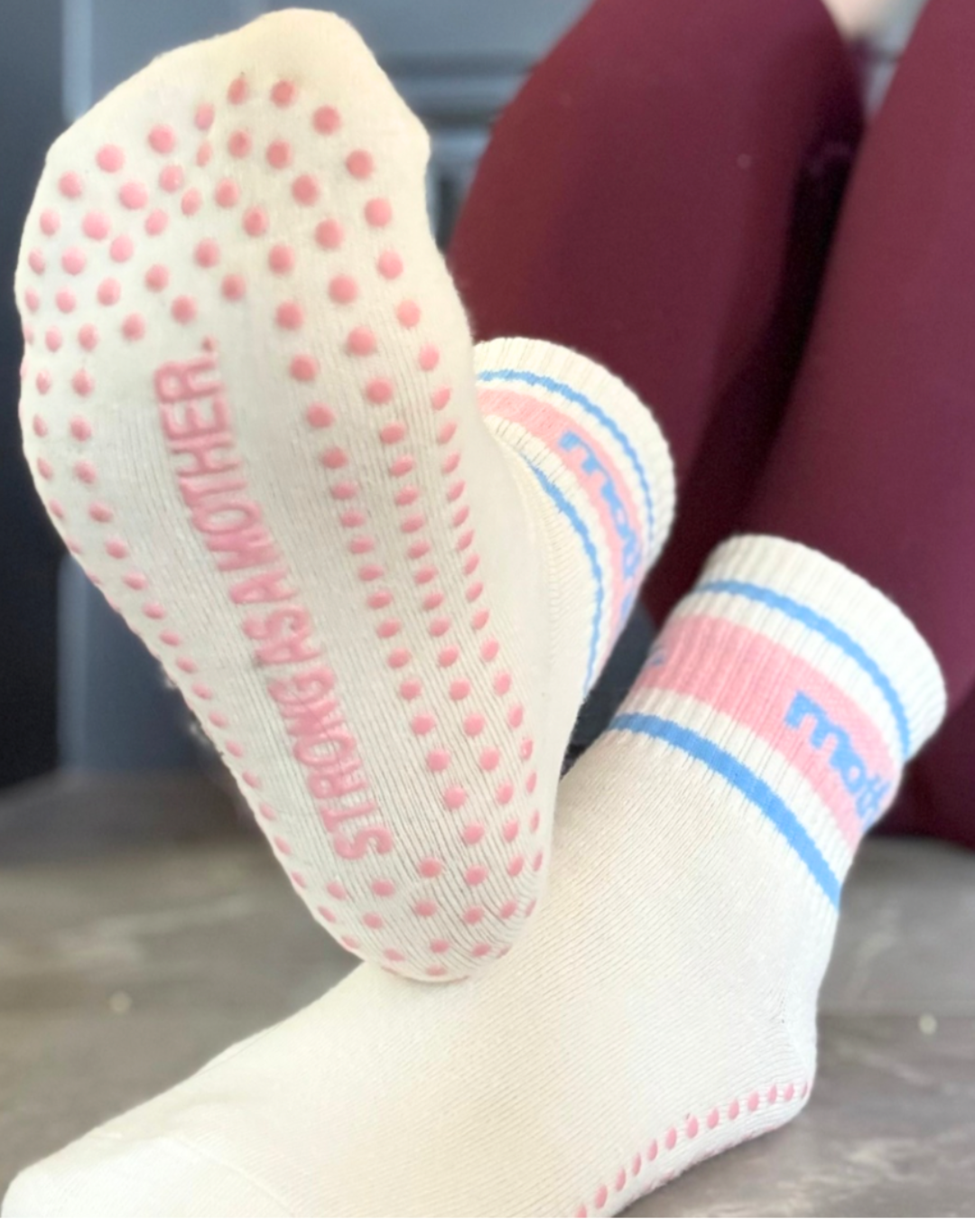 Blue Pink Throwback Half Crew Striped Grip Socks- Pink/Blue for wholesale on Faire3