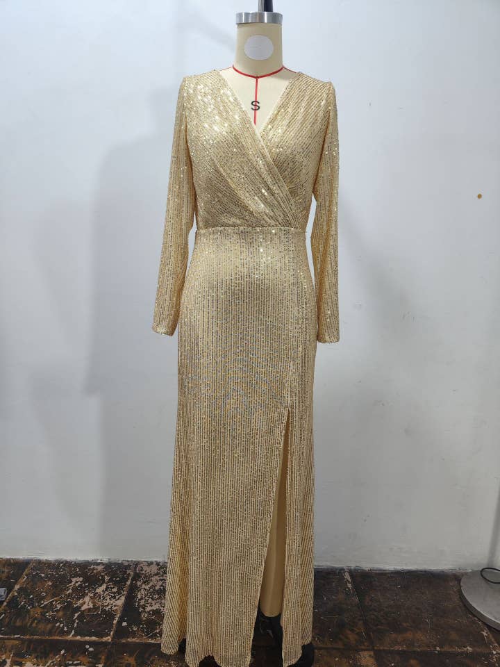 Rosa Clothing - Wholesale Gown - Women's - Sequin slit long sleeve party evening dress