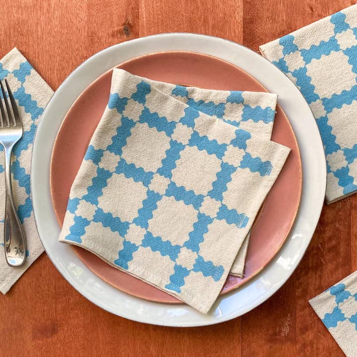Sky Blue Party Time Plaid Hand Printed Napkins, Set of 4 for wholesale by Bright Beige