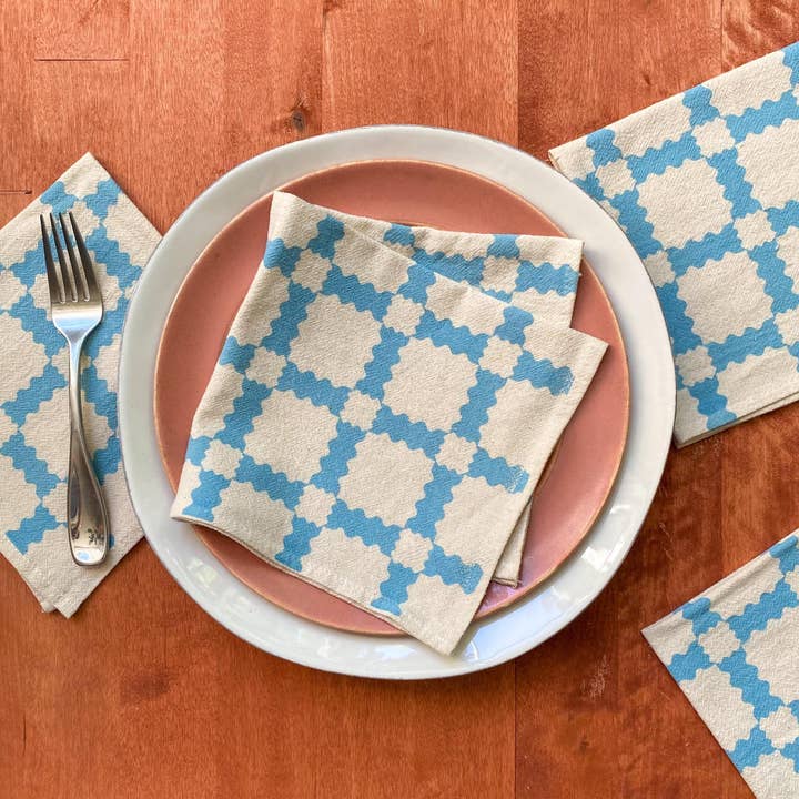 Bright Beige - Wholesale Dinner & Cloth Napkin - Natural Cotton Cloth Napkins, Sky Blue Party Time Plaid