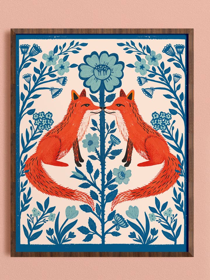 Blue Floral Fox Folk Art Print for wholesale by Dream Folk Studio