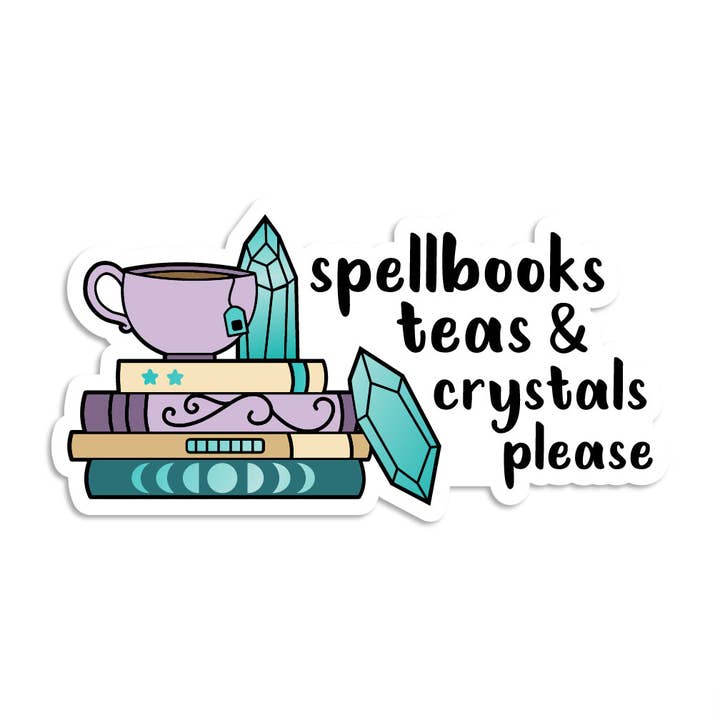 Spellbooks Teas & Crystals Please Sticker for wholesale by Miss Elaneous Art