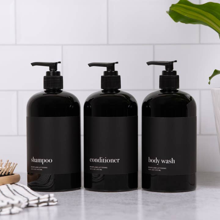 Joie Designs Co. | Refillable Bottles - Wholesale Soap Dispenser - Black Minimalist Shower Dispenser Bottles - Manhattan Collection, Black Matte Label | Black Glossy Bottle