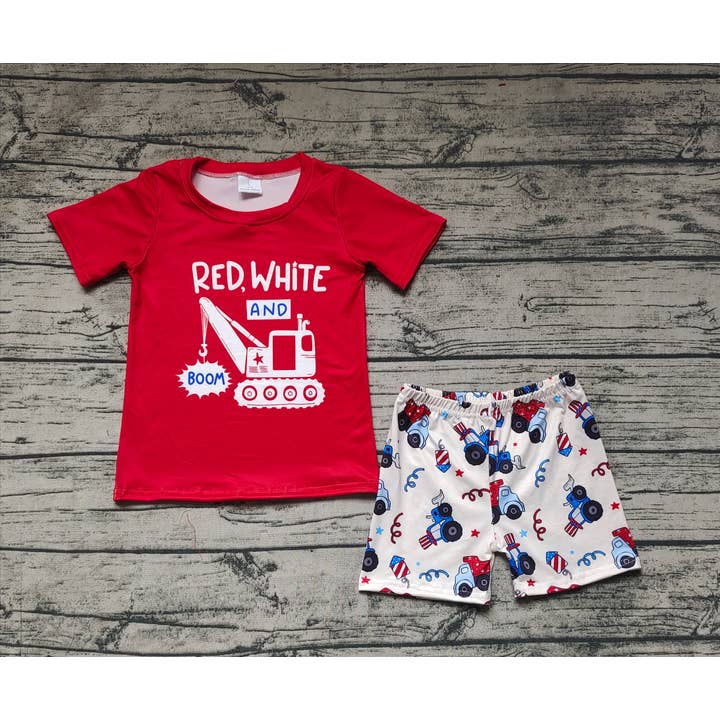 Aier Wholesale - Wholesale Top & Short Set - Kids - Baby Boys Red 4th Of July Truck Tee Shorts Clothes Sets