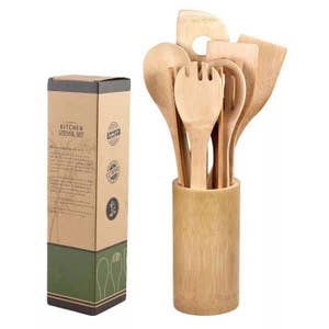 BlauKe Wooden Spoons for Cooking 7-Pack - Bamboo Kitchen Utensils Set for Nonstick Cookware
