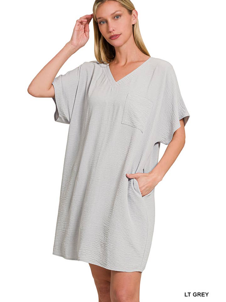 42POPS - Wholesale Dress - Women's - SI-26408 Woven Airflow V Neck T Shirt Dress With Pockets