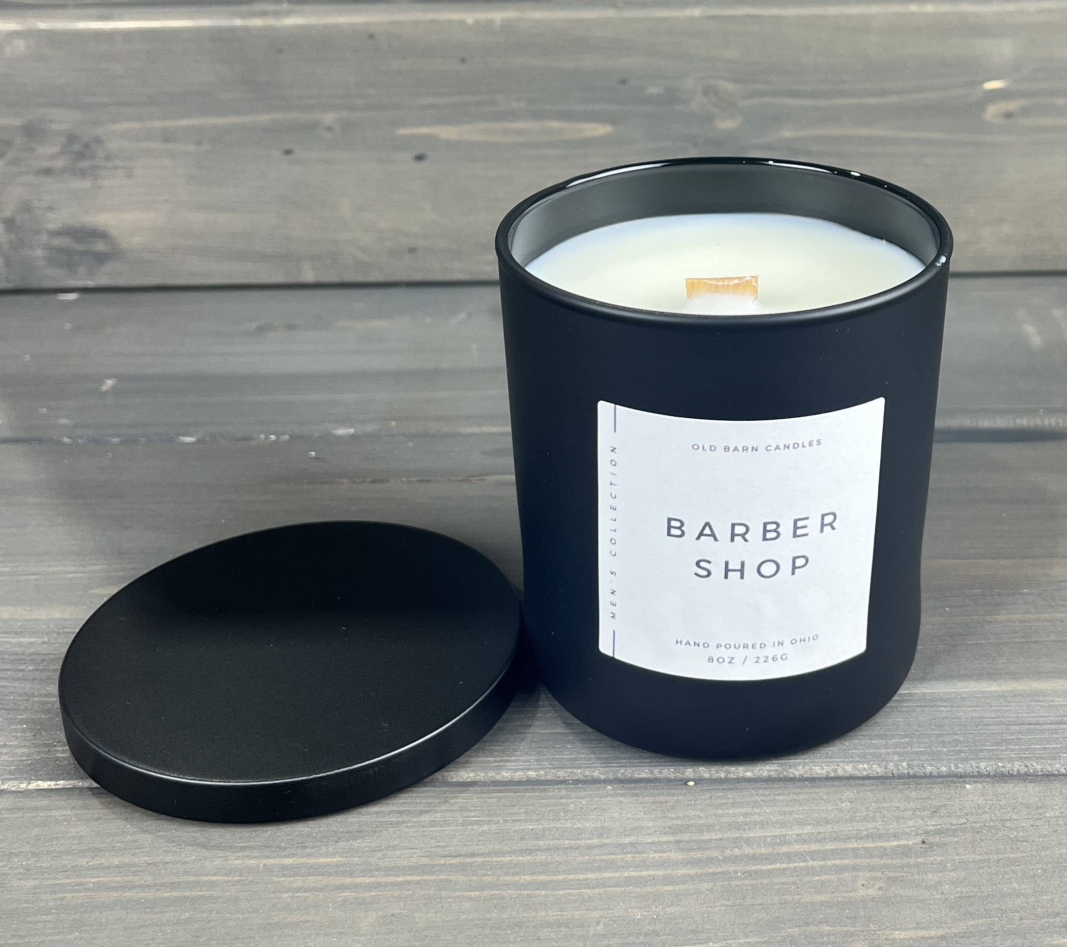 Old Barn Candles - Wholesale Jar/Filled Candle - Barber Shop Matte Black Soy Jar Candle Wood Wick Masculine 1