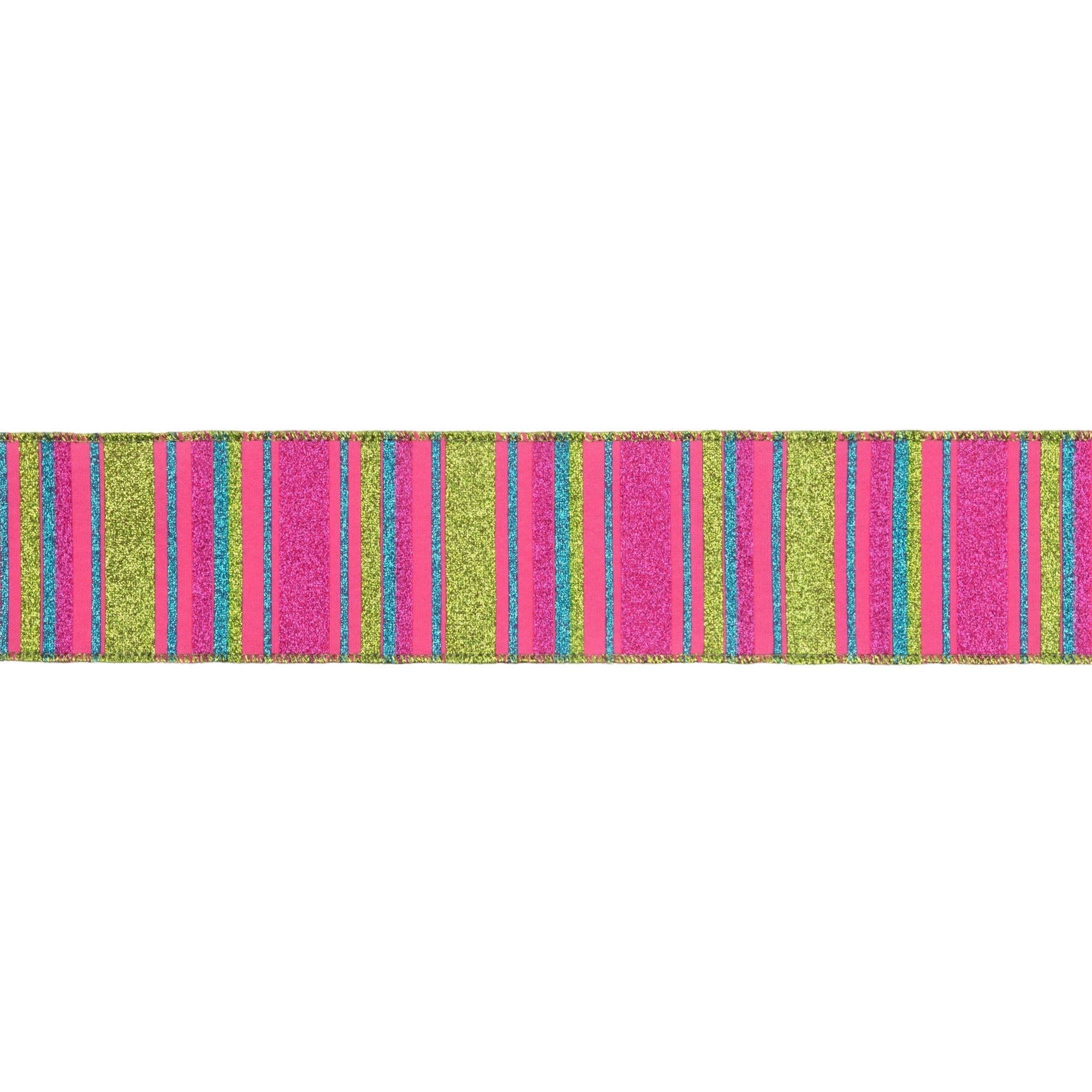 LA Ribbons Wholesale - Vente Ruban – emballage cadeau - Ruban câblé 2 1/2" | Rayures multicolores sur fond rose vif | Rouleau de 10 yards1