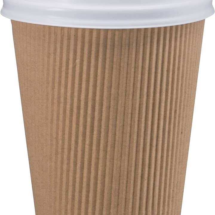 Juego de 100 vasos de papel desechables de color marrón NYHI con tapas blancas (10 onzas) | Kraft con aislamiento ondulado para bebidas calientes, té y café | Diseño de triple capa | Papel ecológico, reciclable y duradero y otras tendencias de Resultados para capas desechables al por mayor. Devoluciones gratuitas y condiciones de pago a 60 días en Faire en Faire.