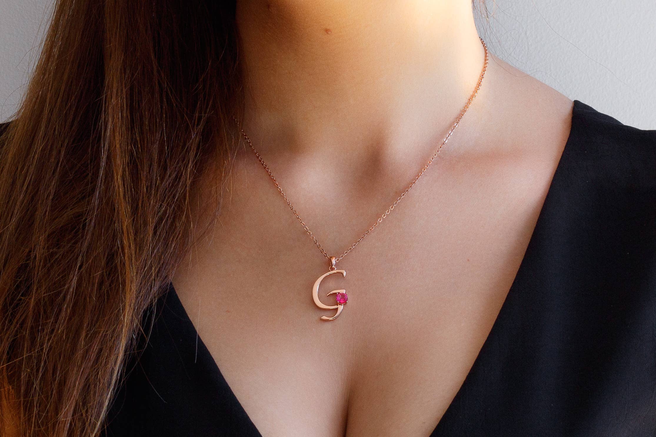 Thesoftcheek Jewelry - Wholesale Pendant/Charm Necklace - Initial Letter Necklace Silver Rose Gold Vermeil- Pink Topaz10