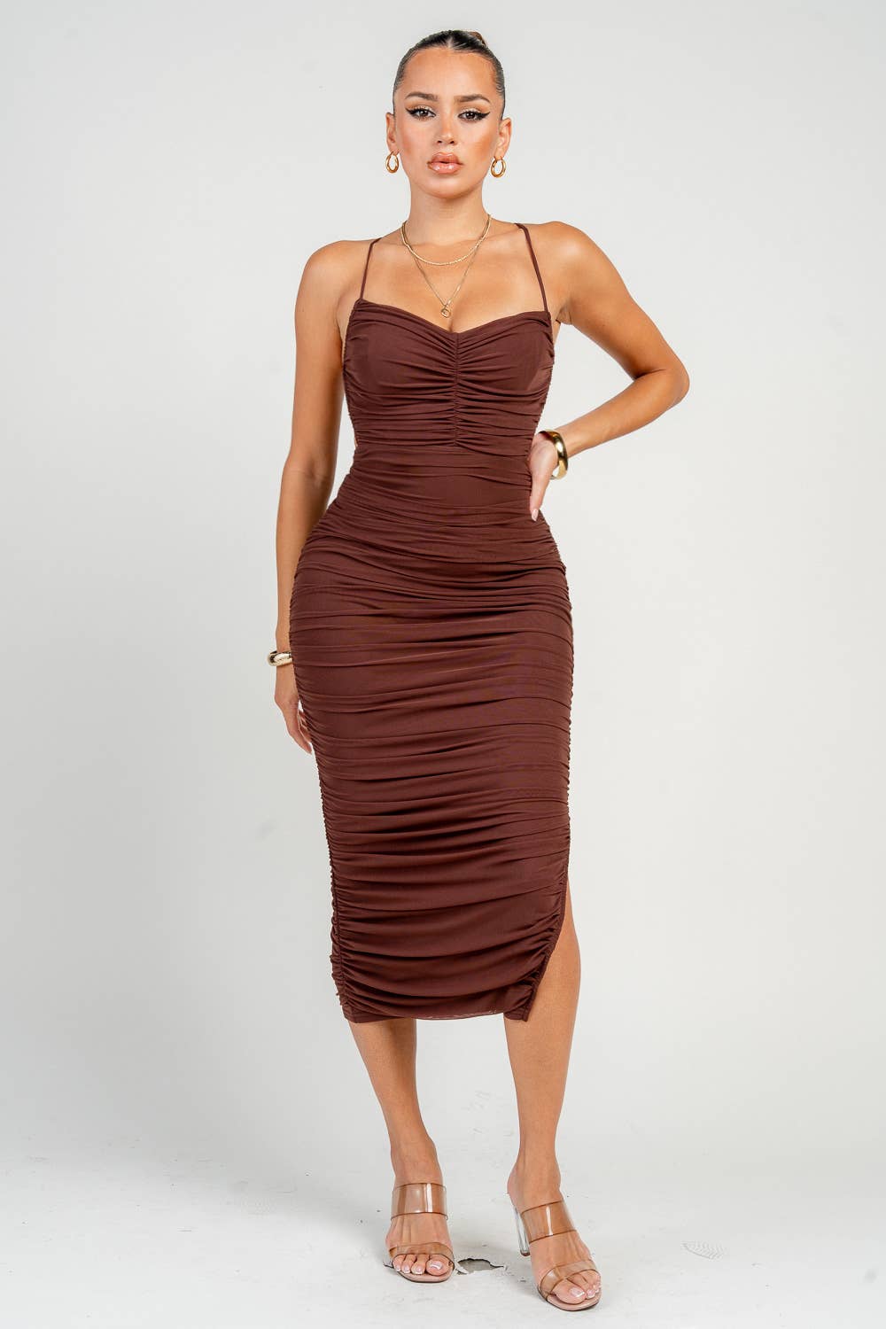 PRIVY – Engroshandel Kjole - Dame – PD73176B_LUX MESH SNØREBÅND MED RYNKET RYG OG MIDI KJOLE13