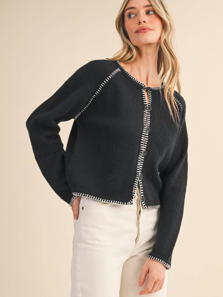 &MERCI - Wholesale Cardigan - Women's - CONTRAST BLANKET STITCH SWEATER CARDIGAN MSW111962