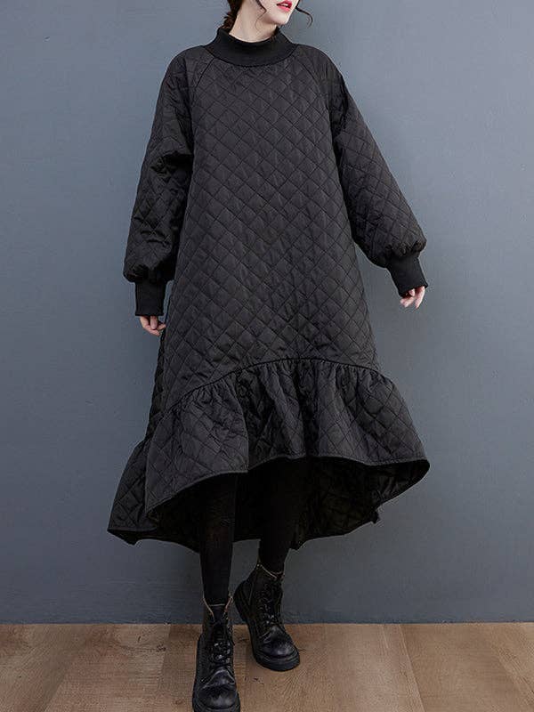 BLACK Casual Long Sleeves A-Line Rhombic Falbala High-Neck Midi Dresses for wholesale on Faire4