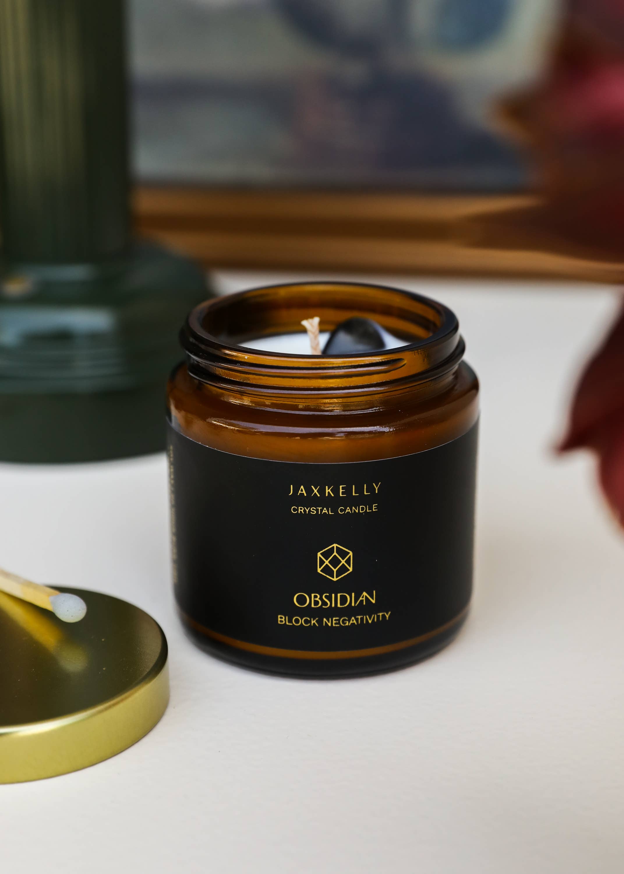 JaxKelly Candles - Wholesale Jar/Filled Candle - 4oz Amber Crystal Candles - Obsidian - Block Negativity1