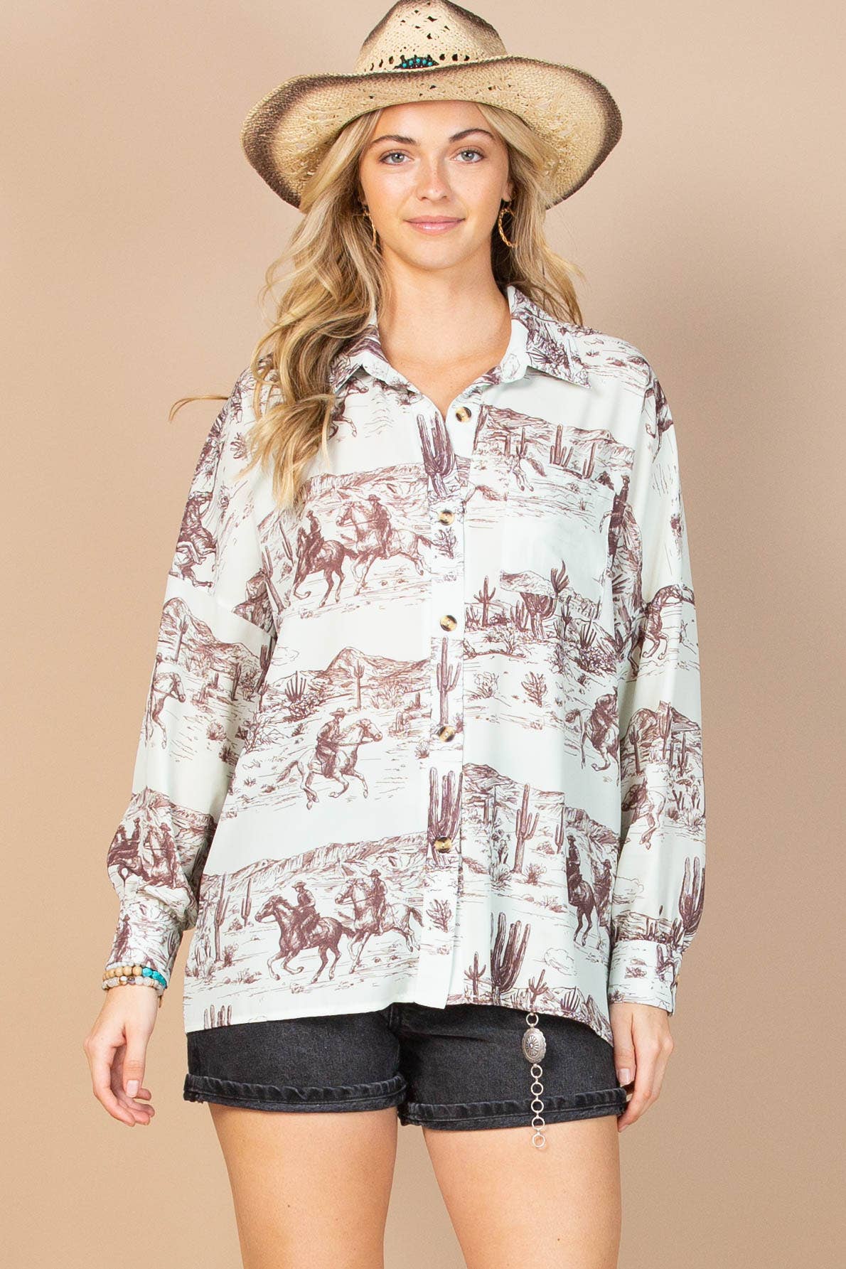LIGHT PISTACHIO BROWN AV1263-JANE WESTERN PRINT BUTTON DOWN WOVEN SHIRT for wholesale on Faire7