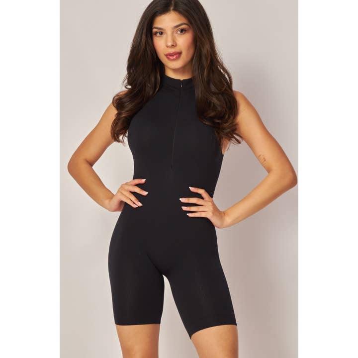 Apolline - Wholesale Unitard - Women's - Seamless Fine Ribbed Zip Up Mock Neck Romper1