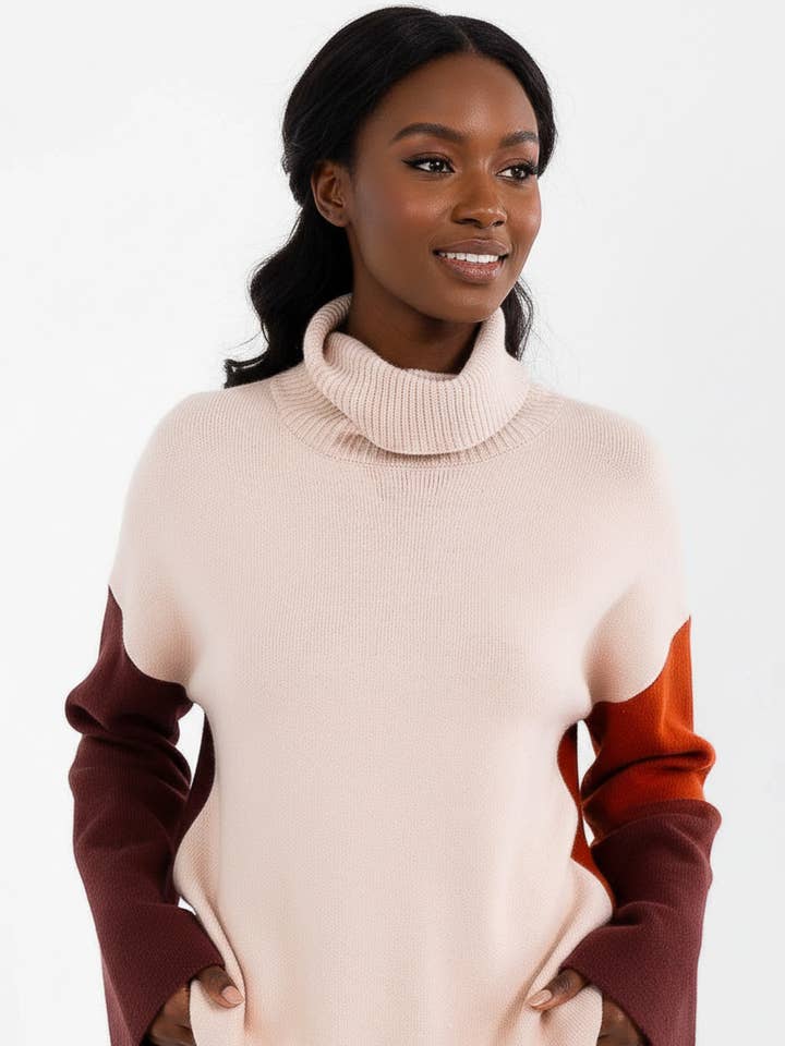 TURTLE NECK COLORBLOCK OPEN BACK PULLOVER SWEATER for wholesale by 5besties inc