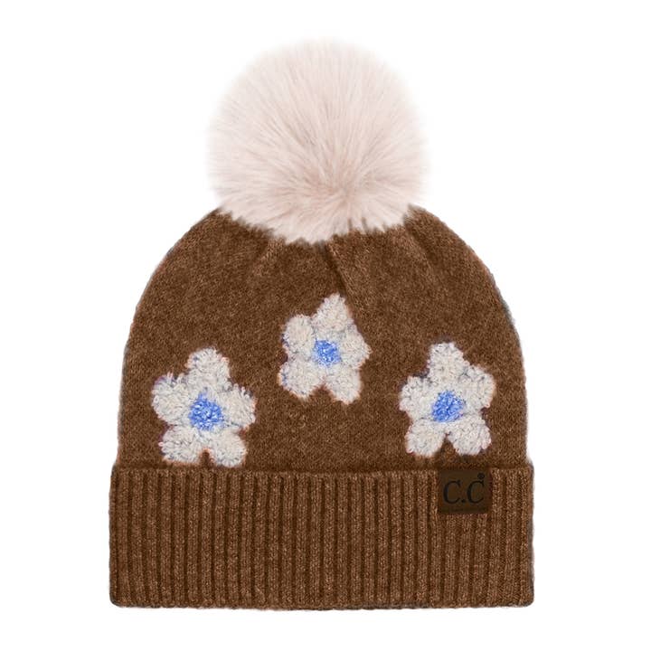 Fashion City - Wholesale Beanie - Women's - Daisy Patterned Cuff Beanie with Pom Pom