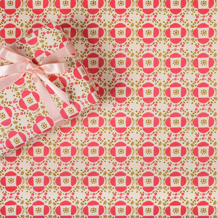 REGARO PAPIRO - Wholesale Flat Wrap - Red Flower Tile Wrapping Paper