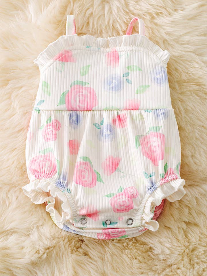 Cute Rose printed on cream baby romper w/ruffle trim. RPG50745 JEAN for wholesale by Kids Charm Online