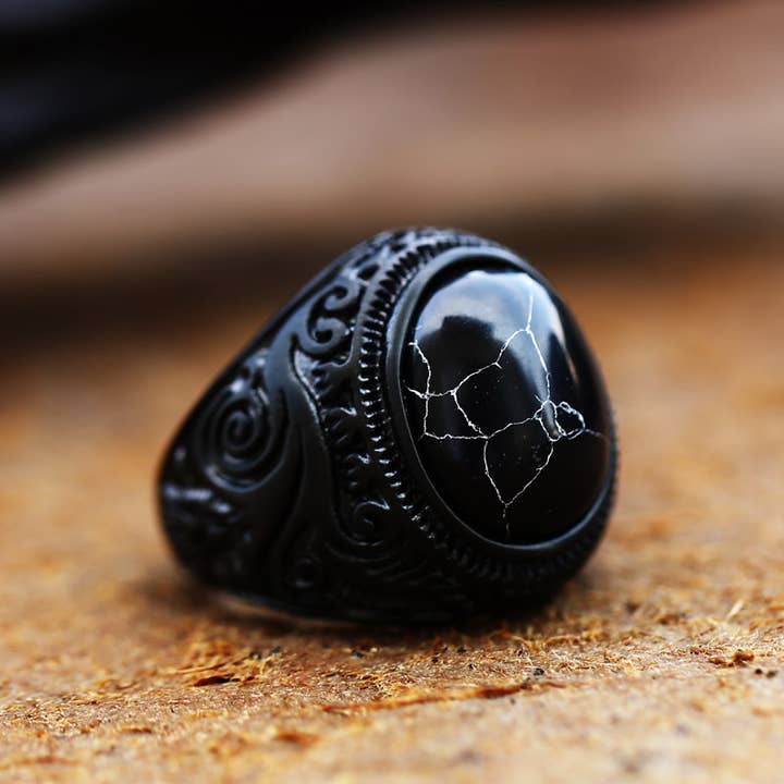 Viking Style Gemstone Carved Ring for wholesale by Gemcohub