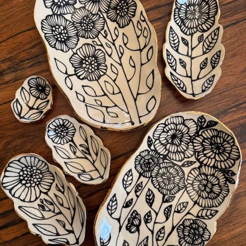 7" Handmade Floral Shaped 22K Ceramic Catchall Jewelry Dish for wholesale by Hsieh Clay SF
