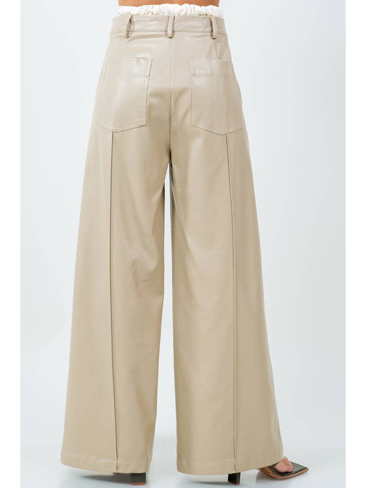 SATIN WAISTED STRAIGHT LEG PU LEATHER TROUSERS - SAND for wholesale on Faire3