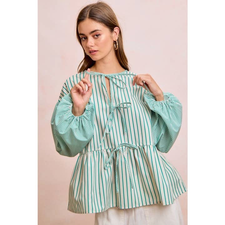 Striped Poplin Peplum Top With Bow Tied Detail for wholesale by IVE