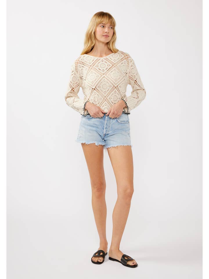 Natural Long Sleeve Diamond Floral Crochet Crop Top for wholesale on Faire