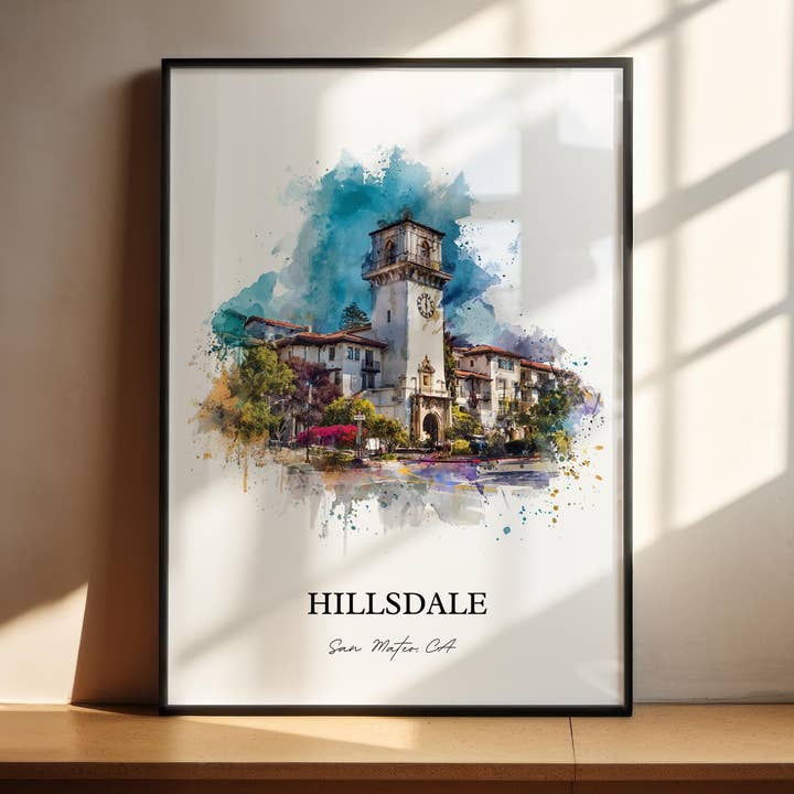 Art mural Hillsdale San Mateo, Impression San Mateo, Art aquarelle San Mateo CA, Cadeau San Mateo Californie, Affiche de voyage, Cadeau de pendaison de crémaillère pour la vente par Premium Travel Art