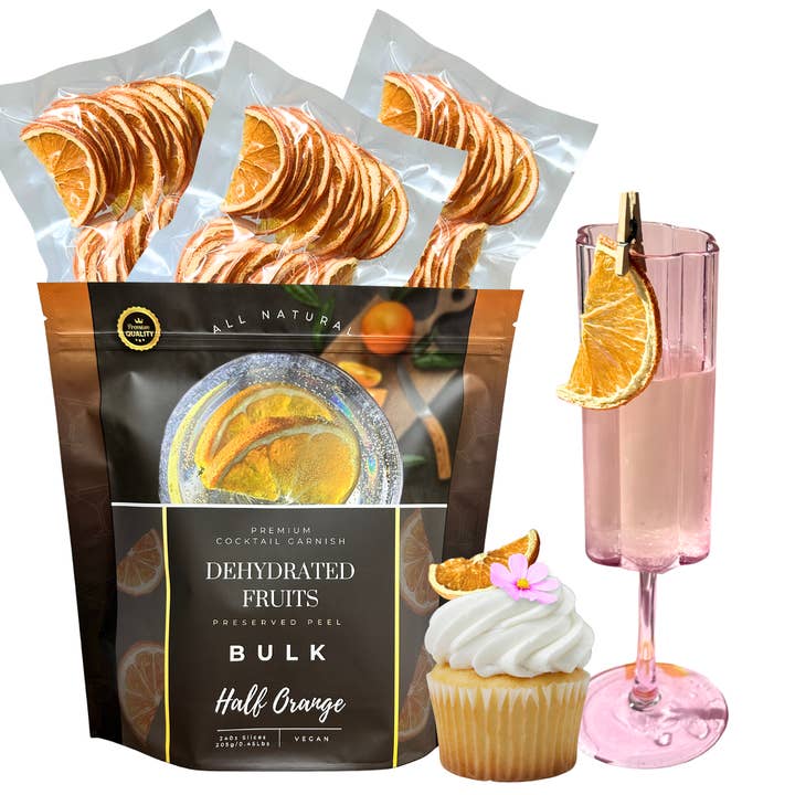 Dried Half Orange Slices | BULK SIZE | 240± HALFS | Preserved Peel Premium DRIED FRUITS for Luxury Cocktail Garnishes for Bars and Home Hosts. for wholesale by PRESERVED PEEL