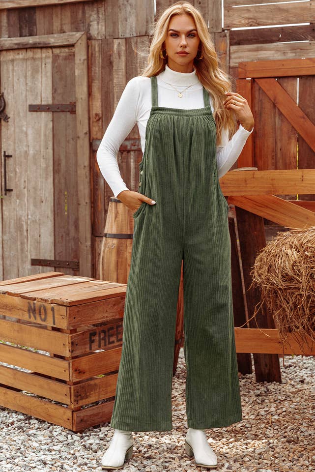 Green Fashion-W Solid Pocketed Loose Fit Corduroy Overall for wholesale on Faire