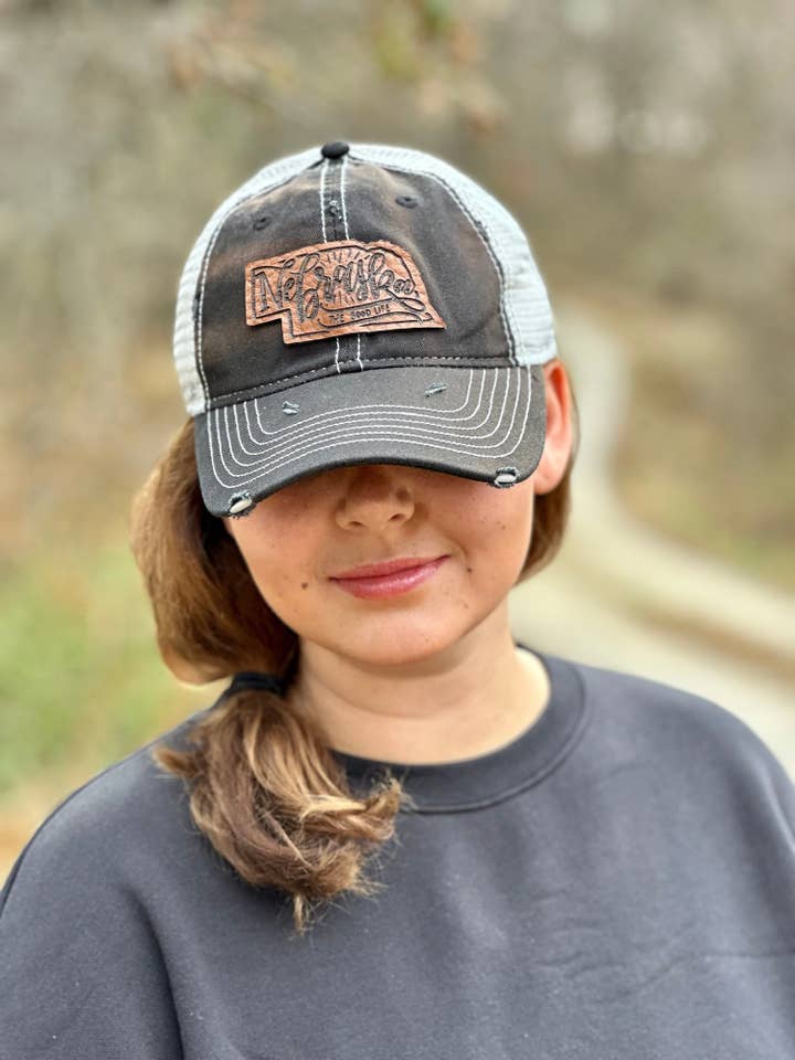 Nebraska Leather Hand Lettered Patch Hat for wholesale by Sunshine and Jade
