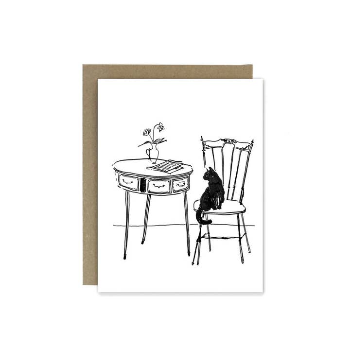 Carte de vœux --- Chat noir noir et blanc sur une chaise pour la vente par Chloe & Helen