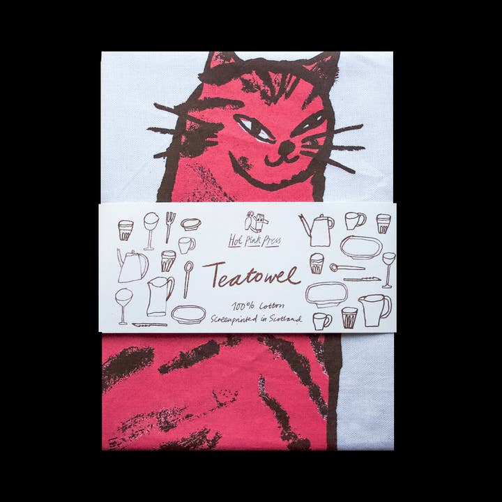 Sneaky Cat Pink Screenprinted Teatowel for wholesale by Hot Pink Press